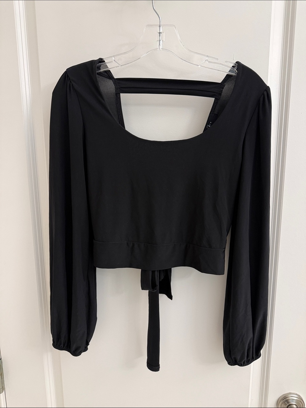 Elegant Black Long-Sleeve Crop Top with Back Tie in Back